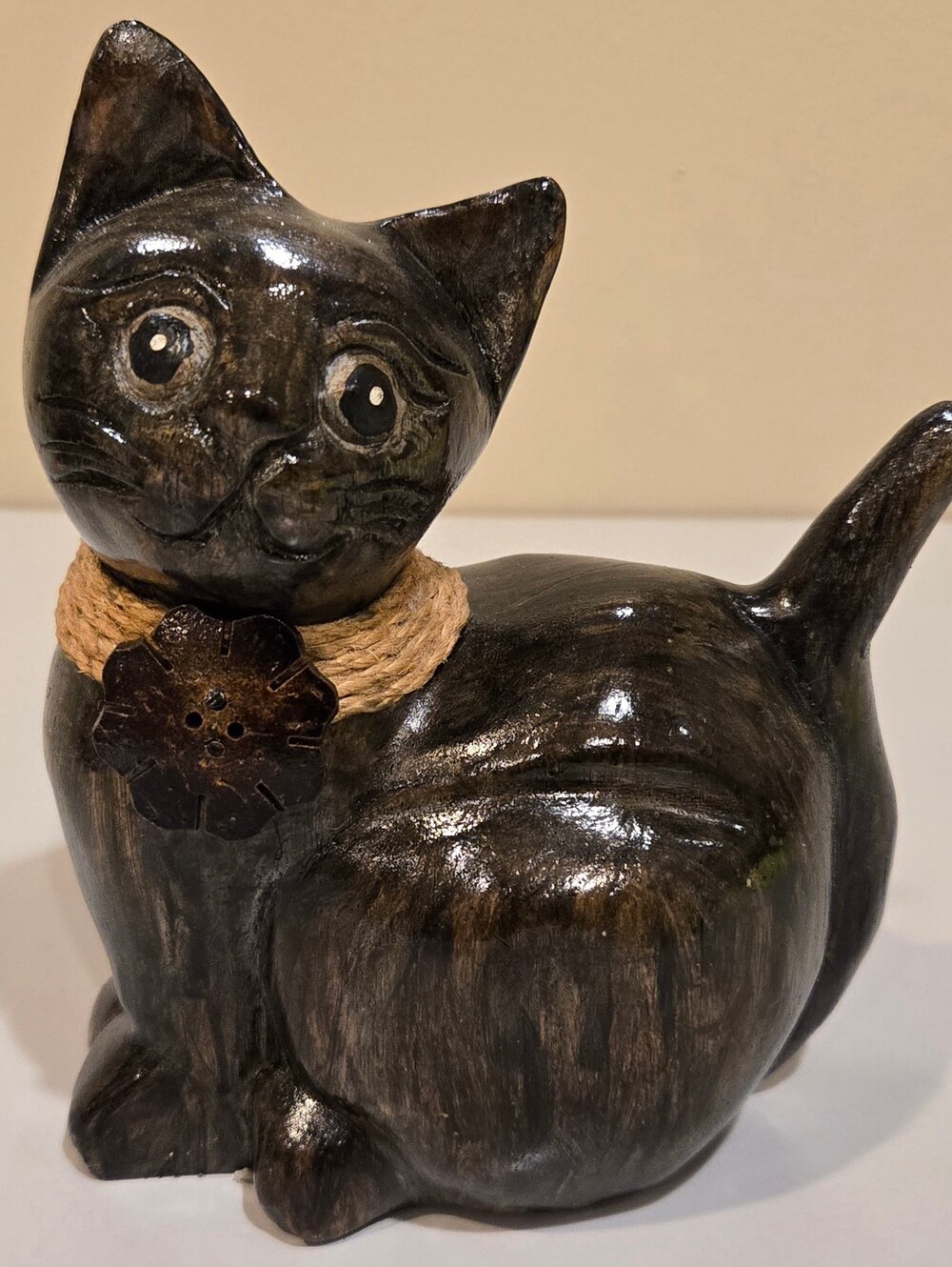 Decorative Hand Carved Cat Figurine with Rope Collar - Pet Home Accent